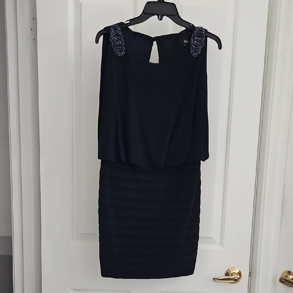 Xscape Blue Beaded Shoulder Mini Dress